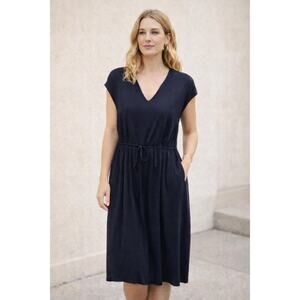 Arket Women's Cotton Blend V Neck Midi Dress Navy Blue Tie Waist Lightweight